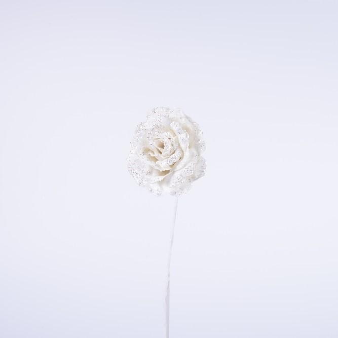 Ramo Rosa Aperta 61CM Senza Foglie in Velluto Bianco con Glitter Fiori Natalizi Garden Team