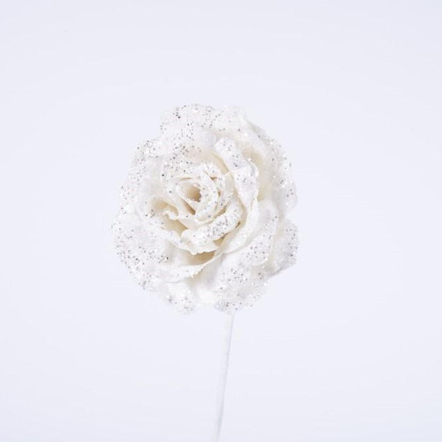 Ramo Rosa Aperta 61CM Senza Foglie in Velluto Bianco con Glitter Fiori Natalizi Garden Team