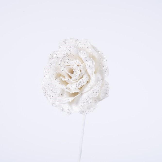 Ramo Rosa Aperta 61CM Senza Foglie in Velluto Bianco con Glitter Fiori Natalizi Garden Team