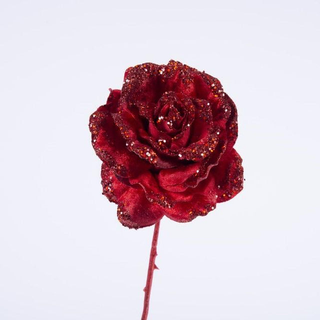Ramo Rosa Rossa 61CM Senza Foglie in Velluto con Glitter Fiori Natalizi Garden Team