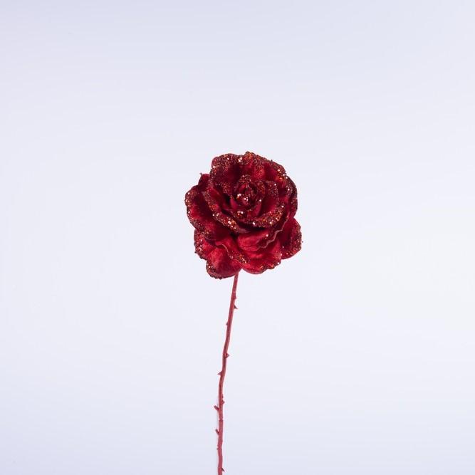 Ramo Rosa Rossa 61CM Senza Foglie in Velluto con Glitter Fiori Natalizi Garden Team