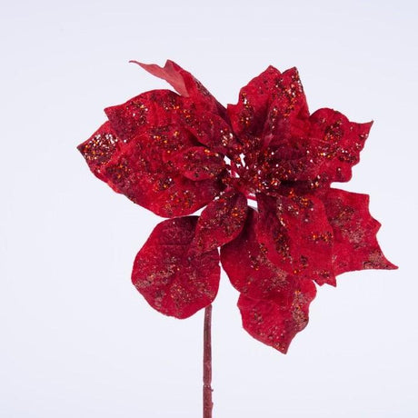 Ramo Stella di Natale Rossa 66CM senza Foglie in Velluto con Glitter Fiori Natalizi Garden Team