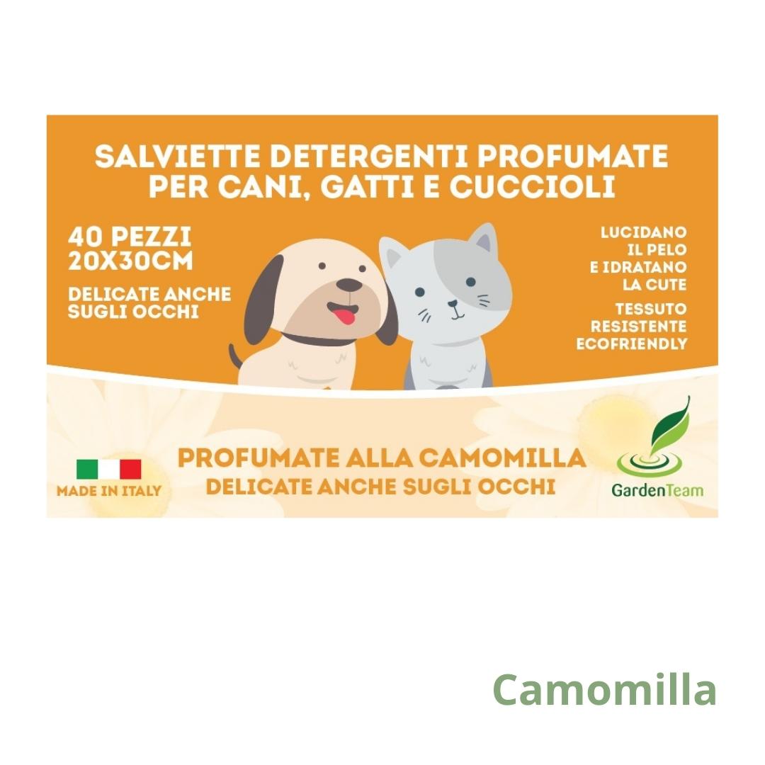 Salviette igieniche per cani, gatti e cuccioli delicate e profumate alla camomilla.