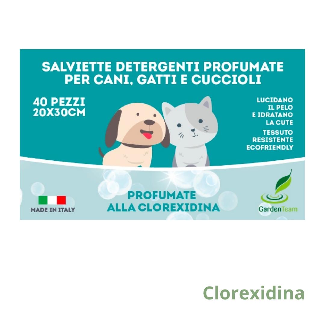 Salviette igieniche per cani, gatti e cuccioli profumate alla clorexidina.
