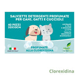 Salviette igieniche per cani, gatti e cuccioli profumate alla clorexidina.