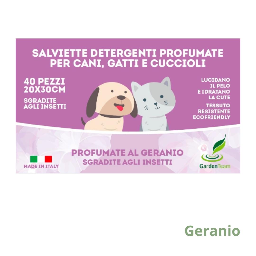 Salviette igieniche per cani, gatti e cuccioli profumate al geranio.
