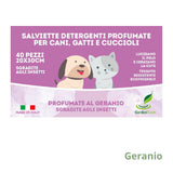 Salviette igieniche per cani, gatti e cuccioli profumate al geranio.