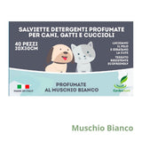 Salviette igieniche per cani, gatti e cuccioli profumate al muschio bianco.
