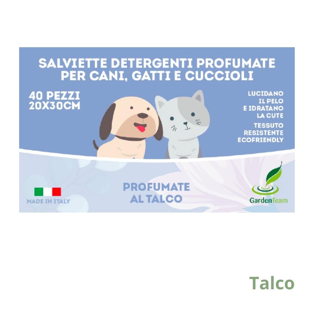 Salviette igieniche per cani, gatti e cuccioli profumate al talco.
