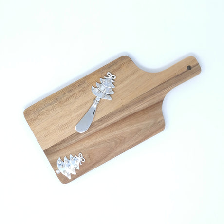Set Tagliere+Spalmaburro in Legno con Decoro Metallo Albero di Natale Casalinghi Natalizi Garden Team