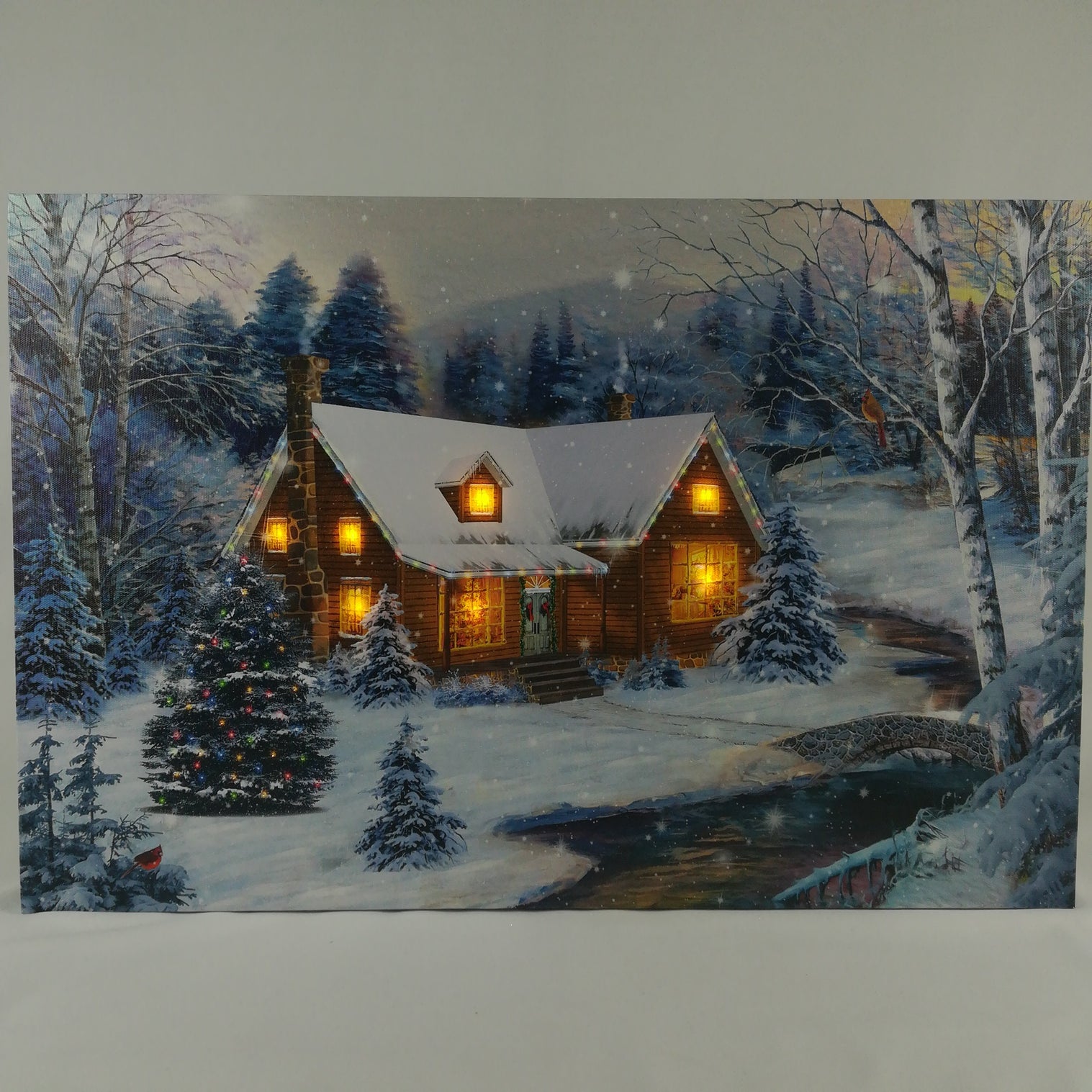 Tela Luminosa 7 LED 25 Fibre Ottiche 60x40 Casa Innevata Quadro a led Garden Team