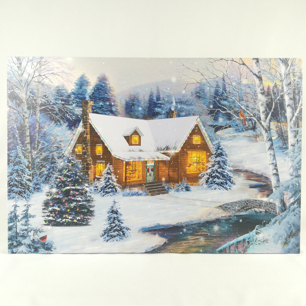 Tela Luminosa 7 LED 25 Fibre Ottiche 60x40 Casa Innevata Quadro a led Garden Team